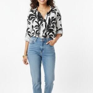 Tahari Women's 100% Linen Black and White Buttom Down Top size Small